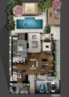 an aerial view of a house with pool and patio area in the middle of it