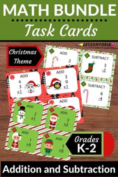 christmas themed addition and subtraction task cards for students to practice their math skills