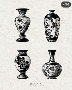 four vases with floral designs on them are shown in black and white, each one has a different design