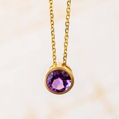 Amethyst Birthstone Necklace Amethyst Necklace With Bezel Setting As Gift, Gift Amethyst Necklace With Bezel Setting, Yellow Gold Birthstone Necklace With Amethyst, Amethyst Birthstone Necklace In Yellow Gold For Gift, Amethyst Birthstone Necklace In Yellow Gold As A Gift, Gift Yellow Gold Birthstone Necklace With Bezel Setting, Yellow Gold Amethyst Birthstone Necklace, Amethyst Birthstone Necklace With Round Pendant, Amethyst Birthstone Necklace As Gift