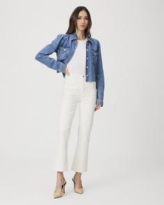 This high-rise flare is effortlessly cool in tonal ecru with front welt utility pockets. Claudine is crafted from super soft denim with the perfect amount of stretch for the most comfortable fit. PAIGE Women's Claudine - Tonal Ecru Flare Jeans | Size 31 Coverup Swimsuit, White Denim Jeans, Utility Pockets, Paige Denim, Romper Pants, Sweater Blouse, High Rise Jeans, Matching Dresses, White Denim