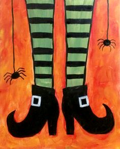 a painting of black shoes with striped stockings and spider legs, on an orange background