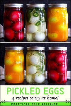 four jars filled with pickled eggs and onions