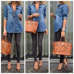 Love this except maybe with flats instead of heels. Because of my girls there are very few button ups that work for me though! Mode Casual, 가을 패션, Hermes Bags, Chambray Shirt, Fall Looks, Black Skinnies, Girly Girl