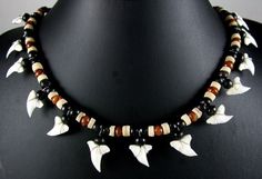 Handmade 13! Mako Shark Tooth Wooden Beads Necklace 20"-30" Adjustable ; Da088 Men’s Crystal Necklace, Shark Tooth Necklace Diy, Shark Teeth Necklace, Shark Accessories, Avatar Design, Shark Boy, Shark Tooth Pendant, Mako Shark, Tooth Pendant