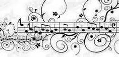 music notes with flowers and swirls on the bottom, in black and white ink