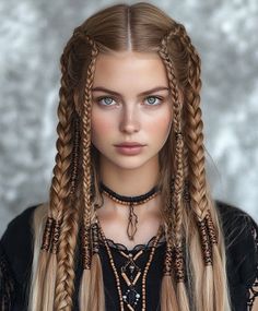 Viking Bride Hair, Buns With Braids Hairstyles, Multi Braid Hairstyles, Women’s Viking Hairstyles, Braided Hair With Beads, Viking Hair Tutorial, Pirate Hairstyles For Women, Long Braid Hairstyles, Greek Goddess Hair