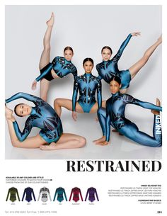 a group of women in blue leotards posing for a magazine cover with their arms spread out