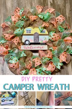 the camper wreath is made out of paper and ribbon