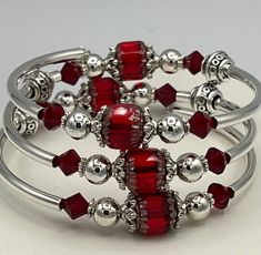 Valentine's Day Silver Beaded Bracelets, Valentine's Day Silver Beaded Bracelets With Round Beads, Silver Beads Wrap Bracelet As Gift, Nickel-free Red Sterling Silver Bracelet, Silver Jewelry With 8mm Beads For Valentine's Day, Silver 8mm Beads Jewelry For Valentine's Day, Handmade Red Bracelet For Anniversary, Red Bracelets With Silver Beads For Jewelry Making, Valentine's Day Silver Jewelry With 8mm Beads