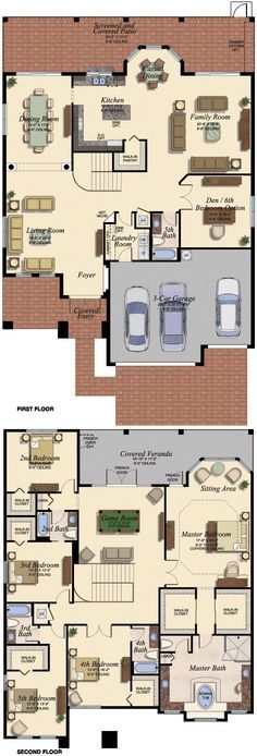 two story house plans with garage and living room in the middle, one bedroom on each floor