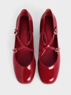 Red Patent Crossover-Strap Block-Heel Mary Janes - CHARLES & KEITH US Feminine Shoes, Charles Keith, Mary Jane Heels, Low Block Heels, Shoe Style, Crossover, Trending Shoes, Mary Janes, Block Heels