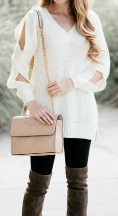 Cream Sweater with Cut Outs / Tory Burch Bag / Vince Camuto OTK Boots / Fall and Winter Style / Fashion / Outfit Ideas Long Dresses Casual Maxi, Fashion Outfit Ideas, Cutout Sweater, Otk Boots, Tory Burch Tote, Dallas Fashion, Chic Fall Outfits