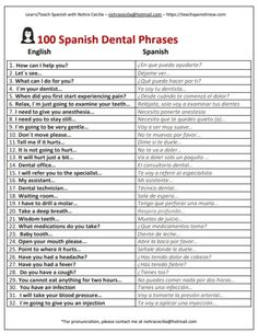 Dental phrases in English and Spanish, are the perfect tool for dentists, hygienists, dental assistants and receptionists who need to interact with Spanish speaking patients at their clinics or offices. With the most relevant phrases and words, these sheets will help you to communicate in an easy and effective way. Dental Games, Dental Terminology, Dental Receptionist, Dental Assistant School, Dental Hygienist School, Dental Assistant Study, Dental Hygiene School, Spanish Speaking, Spanish Phrases