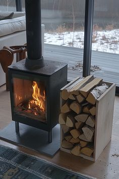 Modern log burner in a living room with built-in log storage and minimalist decor. Fire Burning Stove, Wood Stove Built In, Fireplace Wood Storage Ideas, Wood Burner No Fireplace, Open Log Burner, Wood Storage Fireplace, Corner Woodburner, Living Room With Wood Stove, Log Burner Living Room Wood Storage