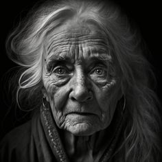 an old woman with long hair looking at the camera, in black and white photo