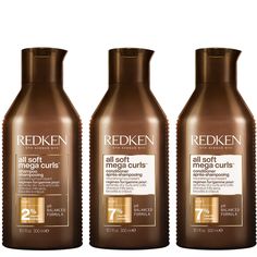 Adding weightless moisture to curls and coils, Redken’s All Soft Mega Curl Hydrating and Nourishing Shampoo with Conditioner Duo is three-piece bundle that cleanses and clarifies. The formulas are powered by a 2% Nourish Complex and humectants aloe vera and glycerin, working to protect against dryness while minimising the appearance of damage.  Set Contents:  All Soft Mega Curls Shampoo 300ml  A hydrating formula that cleanses the hair of build-up and impurities, helping to leave strands feeling bouncy and lightweight.  All Soft Mega Curls Conditioner 300ml x 2  Enriched with Inca Inchi oil and cactus flower extract, the conditioner intensely hydrates the lengths, encouraging a visibly stronger result. The innovative complex helps to retain moisture for longer to promote more defined-looki Redken All Soft, Curl Conditioner, Curl Shampoo, Grow Gorgeous, Nourishing Shampoo, Coily Hair, First Aid Beauty, Shea Moisture Products, Clean Skincare