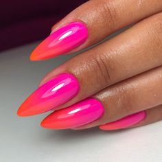 Crazy Gel Nails, Magenta Ombre Nails, Hot Pink And Orange Ombre Nails, Coloured Ombre Nails, Fuschia Pink Nails, Trendy Spring Nails 2024 Almond, Fuschia Nails Design, Hot Pink Ombre Nails, Fuschia Nails