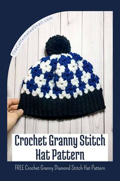 the crochet granny stitch hat pattern is shown in blue, white and black