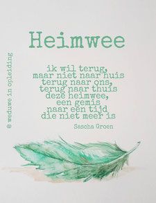 a piece of paper with an image of a feather on it and the words heimwee written in green ink