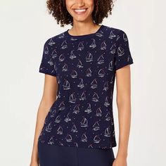 Anne Klein Sailboat-Print Short Sleeve Shirt, Ox Details Size 0x Color Navy Blue Crewneck W Exposed Button Closure At Back Hits At Hips Materials Polyester, Elastane Care Machine Wash Made In Vietnam Approximate Measurements In Inches (Lay Flat) Armpit To Armpit 21" Top To Hem 26" Condition Nwt Zkm-Def Ctto Casual Navy Short Sleeve Blouse, Crew Neck Cotton Tops For Boating, Cotton Crew Neck Top For Boating, Blue Cotton Tops For Boating, Summer Short Sleeve Tops For Boating, Navy Blue Crewneck, Sailboat Print, Blue Crewneck, Leopard Print Blouse