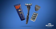 an assortment of men's grooming products on a blue background with the words, dollar shave club