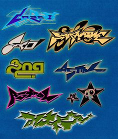 an image of various stickers on a blue background with the word's in different colors