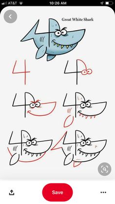 an iphone screen showing how to draw shark faces