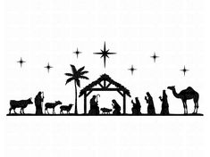 a nativity scene with the birth of jesus and three wise men in black on a white background