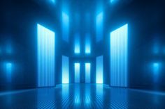 an empty room with blue light coming through the doors