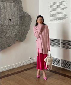 Elegant Spring Aesthetic, Tonal Pink Outfit, Luxurious Winter Outfits, Wrap Dress Layering Outfit, Maternity Modest Outfits, Monochromatic Outfit Work, Classy Outfits Modest, Colorful Summer Skirt, Colorful Elegant Outfits