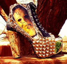 Michael Myers Halloween Studded Mirror Ankle Boots by kaylastojek, $175.00 Halloween Heels, Diy Heels, Halloween Boots, Ankle Boots Heels, Halloween Shoes, Studded Ankle Boots, Ugly Shoes, Michael Myers Halloween