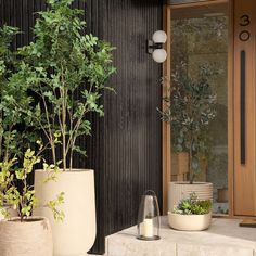 three planters sitting on the side of a building