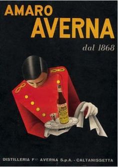 an advertisement for amaro averna with a man in uniform holding a plate and bottle