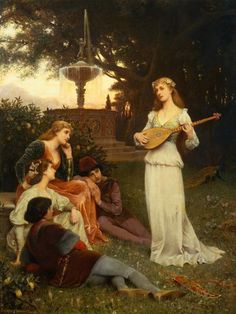 an image of a woman playing the guitar with other people around her in a park