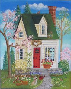 a painting of a house with flowers in the front yard and a dog sitting outside