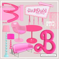 the pink furniture and lamp are all in different colors