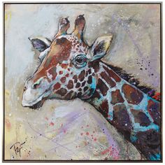 a painting of a giraffe with blue eyes