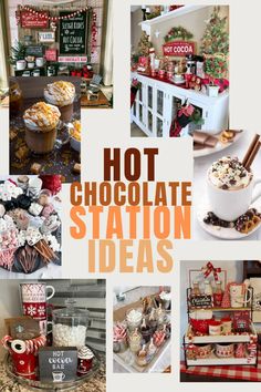 a collage of photos with hot chocolate station ideas