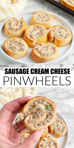 sausage cream cheese pinwheels on a white plate with a hand holding the top