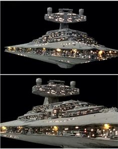 two pictures of a ship with lights on it