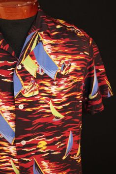 RARE-VINTAGE-1940S-SILKY-RAYON-SAILBOAT-HAWAIIAN-SHIRT Fitted Hawaiian Shirt With Camp Collar, Vintage Printed Camp Shirt For Vacation, Vintage Red Hawaiian Shirt For Summer, Red Retro Hawaiian Shirt For Vacation, Retro Red Hawaiian Shirt For Vacation, Vintage Hawaiian Shirt For Summer, Vintage Printed Collared Hawaiian Shirt, Vintage Tropical Print Camp Shirt, Fitted Retro Hawaiian Shirt For Vacation