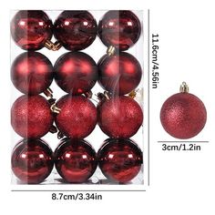 christmas ornaments are shown in red and clear boxes with measurements for each ornament