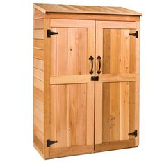 a wooden storage cabinet with two doors