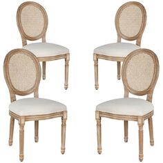 four chairs with white upholstered back cushions