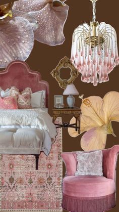 a bedroom with pink furniture and chandeliers