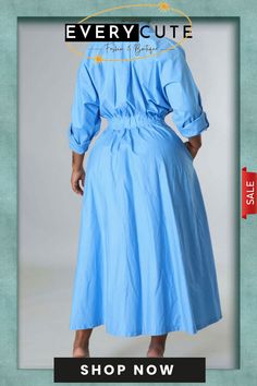 Sky Blue Casual Solid Patchwork Buckle Turndown Collar Shirt Dress Dresses Blue Casual Maxi Length Shirt Dress, Blue Casual Maxi Shirt Dress, Blue Button-up Maxi Dress For Casual Wear, Blue Button-up Maxi Dress For Casual Occasions, Blue Collared Casual Dress, Collared Blue Maxi Dress For Spring, Blue Collared Dress For Dress Down Occasions, Casual Blue Maxi Shirt Dress, Blue Maxi Shirt Dress For Casual Wear