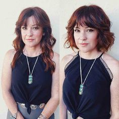 Wavy Hair Chin Length, Wavy Bob With Fringe Thick Hair, Wavy Bob With Bangs Over 50, Wavy Inverted Bob With Bangs, Short Wavy Hairstyles For Women With Bangs, Shorter Haircuts For Women With Bangs, Short Curly Bob With Bangs Round Faces, Soft Shag Haircut Short Wavy, Choppy Bob Hairstyles With Curtain Bangs