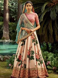 Sabyasachi Pink Rose Silk Lehenga Choli | Ethnic Plus Contrast Dupatta, Ghaghra Choli, Silk Lehenga Choli, Floral Lehenga, Wedding Lehengas, Lengha Choli, Choli Designs, Lehenga Choli Online, Lehenga Skirt