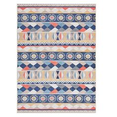 a multicolored rug with geometric designs on the front and back, in various colors